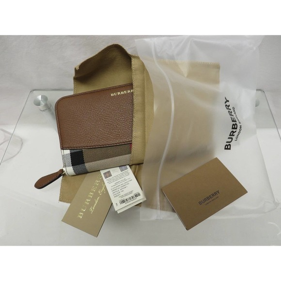 BURBERRY ELMORE BROWN HOUSE CHECK DERBY LEATHER ZIP AROUND LOGO CLUTCH WALLET - Picture 10 of 12
